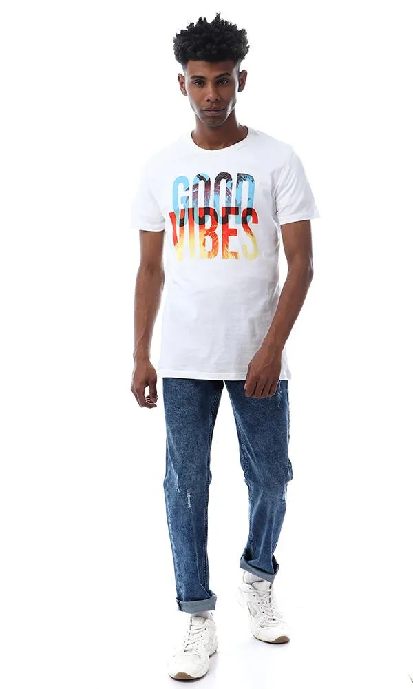 56769 "Good Vibes" Printed Summer White T-Shirt