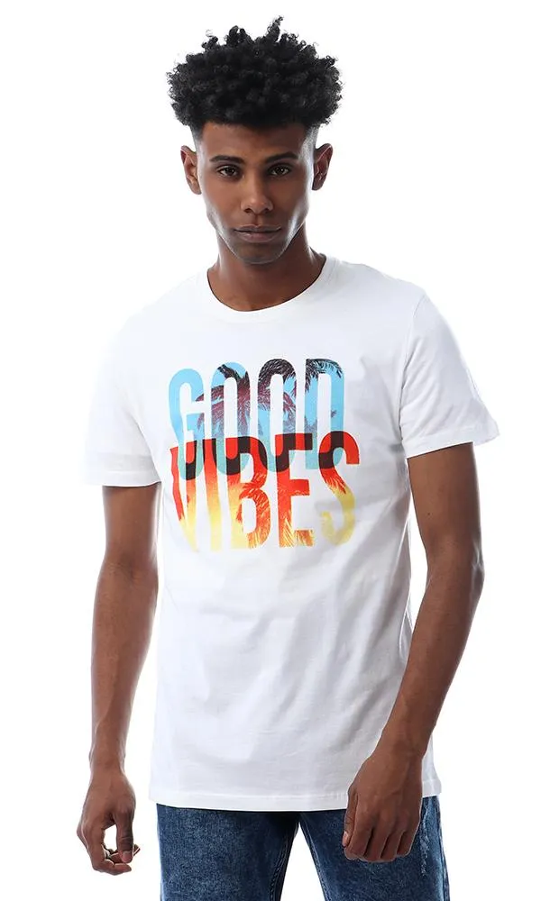 56769 "Good Vibes" Printed Summer White T-Shirt