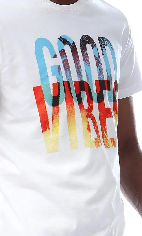 56769 "Good Vibes" Printed Summer White T-Shirt