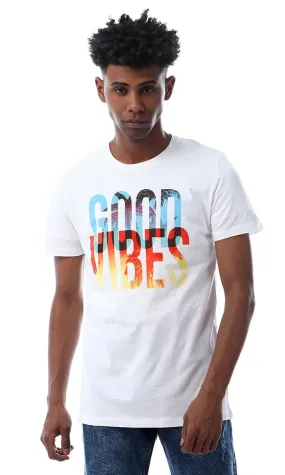 56769 "Good Vibes" Printed Summer White T-Shirt