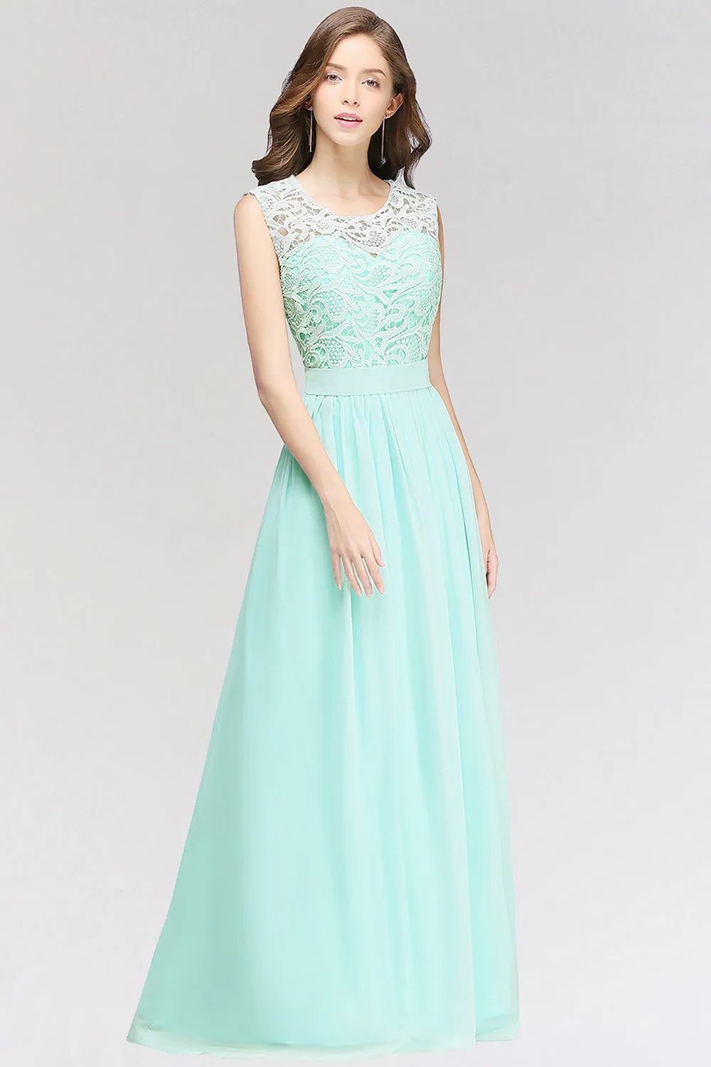 A-line Chiffon Lace Jewel Sleeveless Long Bridesmaid Dress with Ruffles