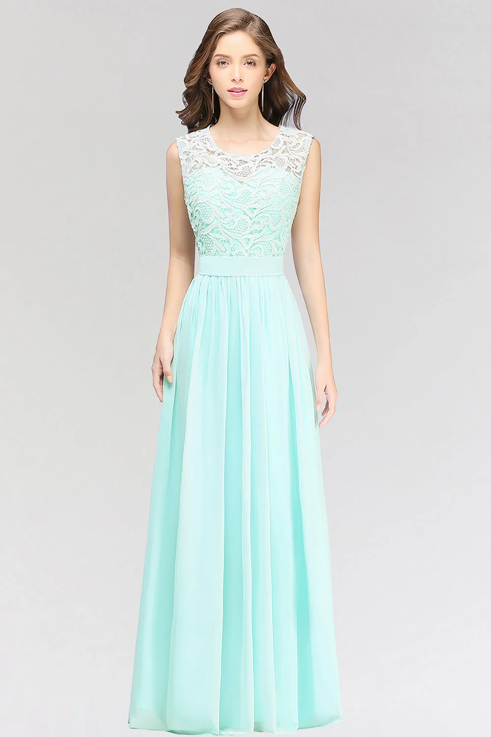 A-line Chiffon Lace Jewel Sleeveless Long Bridesmaid Dress with Ruffles