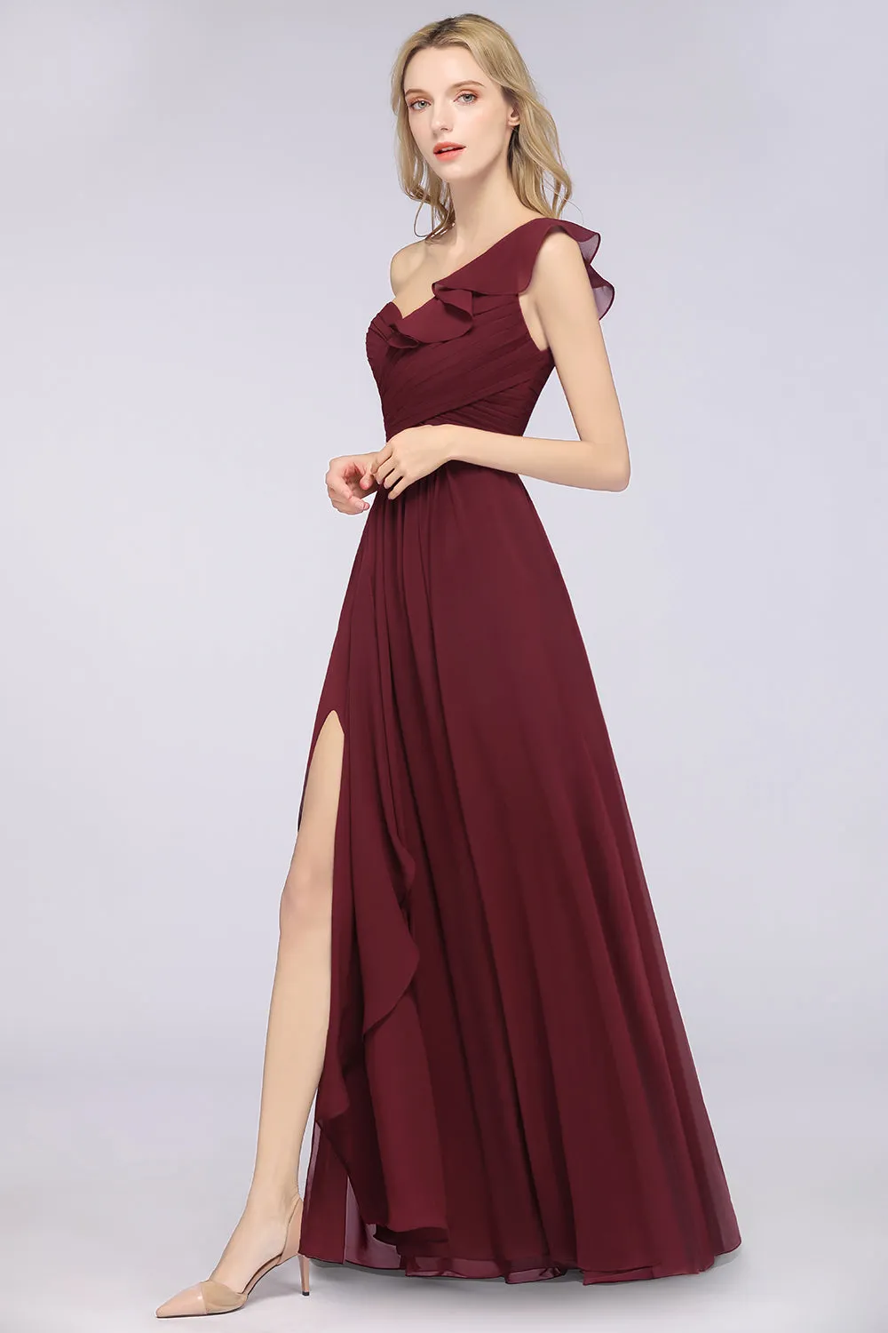 A-Line Chiffon One-Shoulder Sweetheart Long Bridesmaid Dress with Slit