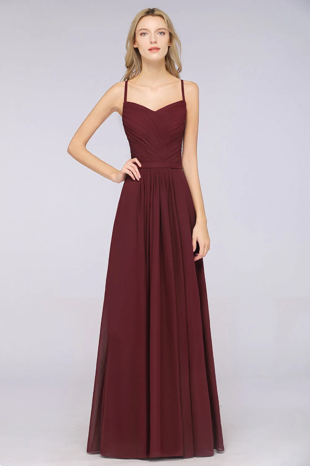 A-Line Chiffon Sweetheart Long Backless Bridesmaid Dress with Ruffles