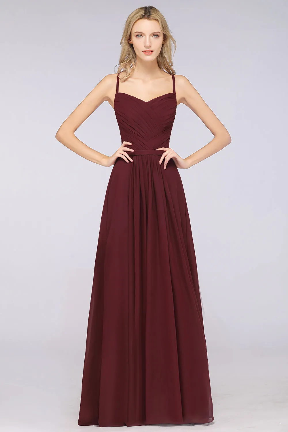 A-Line Chiffon Sweetheart Long Backless Bridesmaid Dress with Ruffles