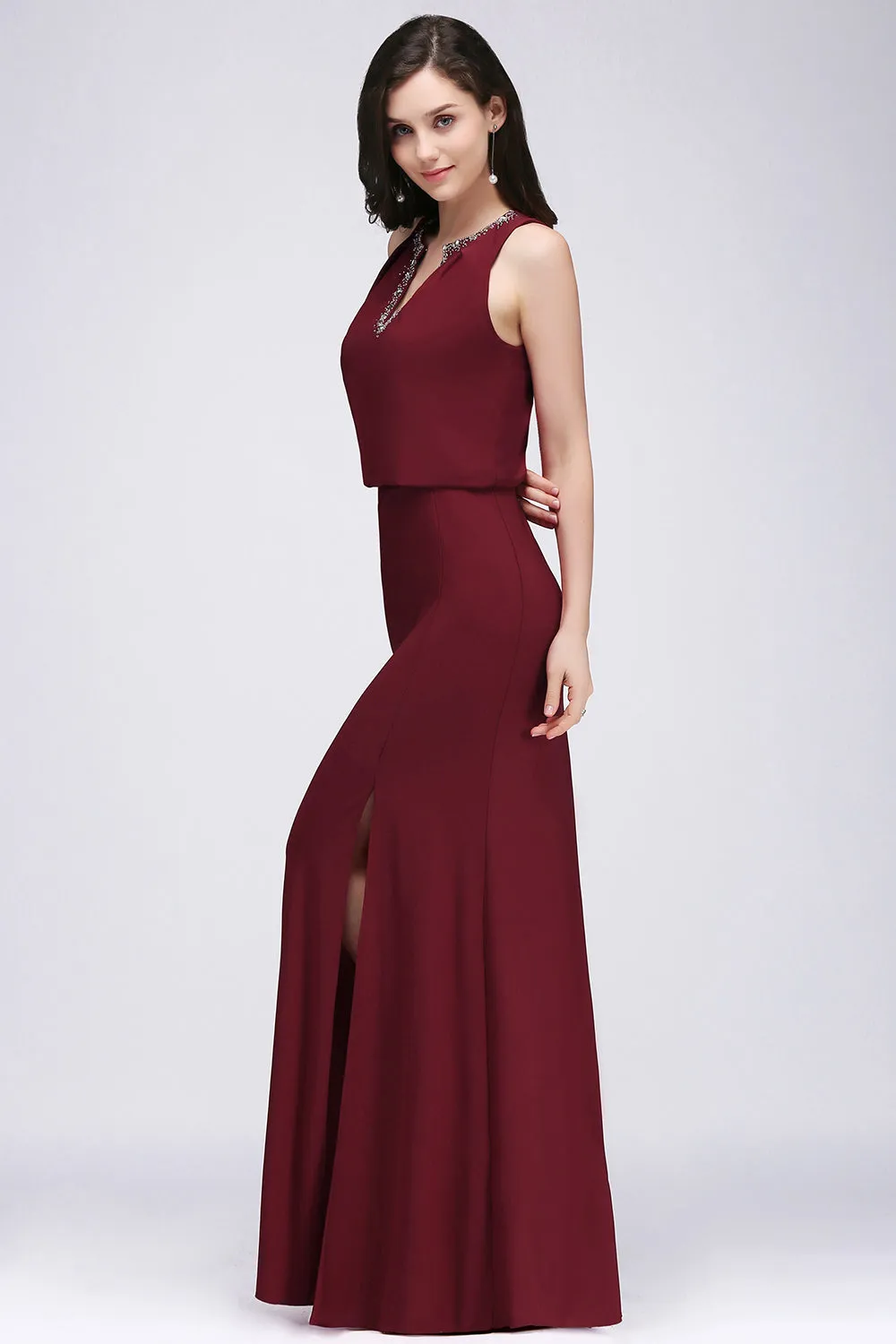 A-line Chiffon V-Neck Sleeveless Long Bridesmaid Dress with Slit