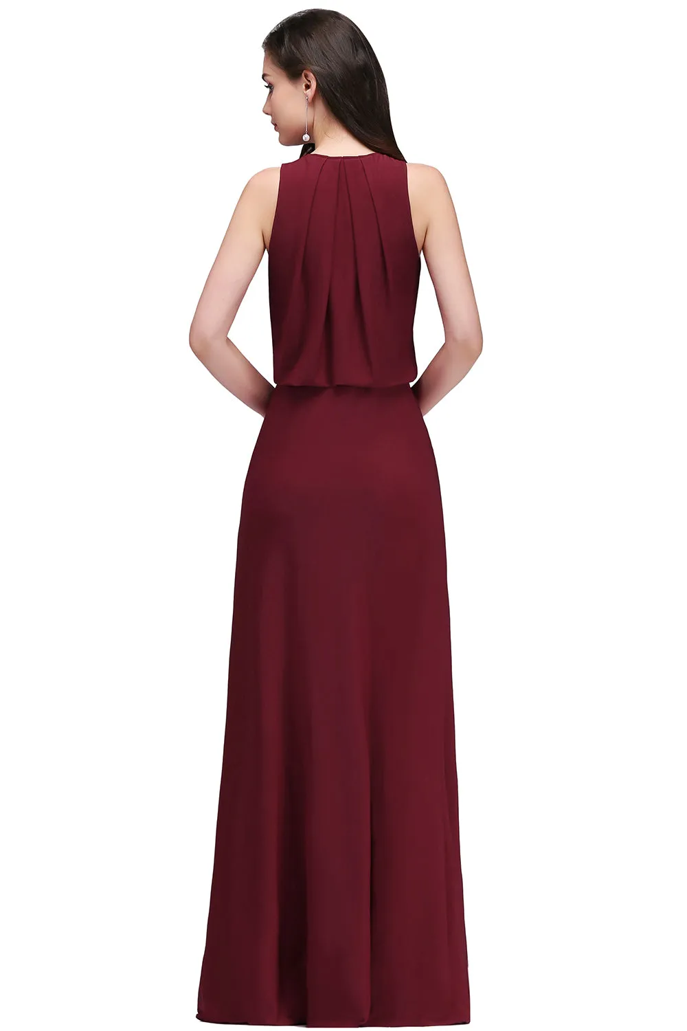 A-line Chiffon V-Neck Sleeveless Long Bridesmaid Dress with Slit