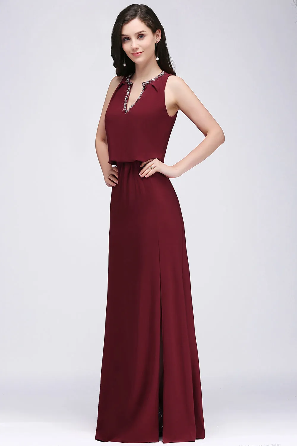 A-line Chiffon V-Neck Sleeveless Long Bridesmaid Dress with Slit