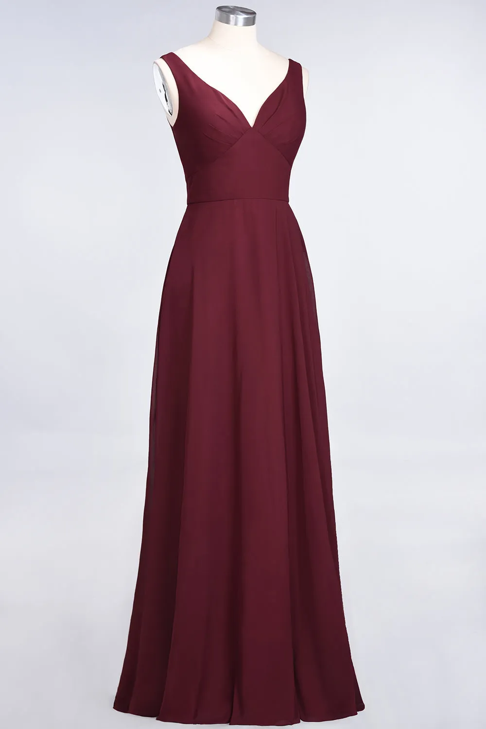 A-Line Chiffon V-Neck Straps Sleeveless Open Back Long Bridesmaid Dress