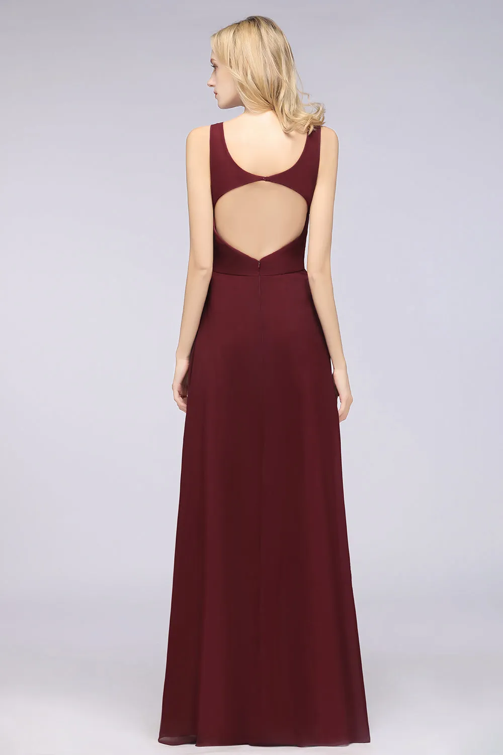 A-Line Chiffon V-Neck Straps Sleeveless Open Back Long Bridesmaid Dress