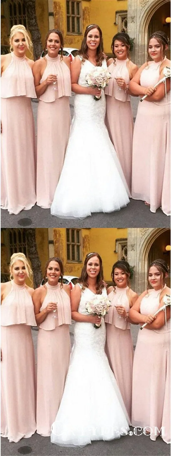 A-Line Halter Backless Long Cheap Pink Chiffon Bridesmaid Dresses, TYP1872