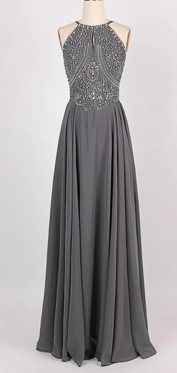 A-Line Halter Sleeveless Long Cheap Backless Grey Chiffon Prom Dresses with Beading, TYP1291