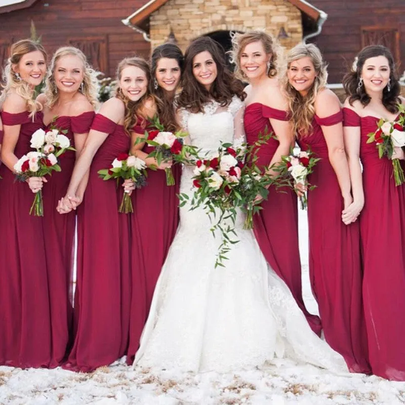 A-Line Off-the-Shoulder Burgundy Chiffon Bridesmaid Dresses, TYP1402