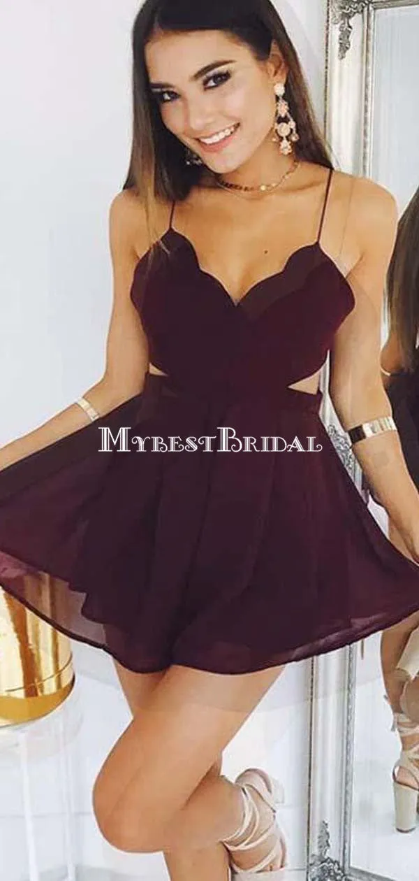 A-Line Spaghetti Straps Burgundy Chiffon Homecoming Dresses,Short Prom Dresses,BDY0357