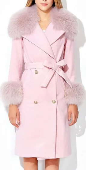 'Adnes' Pink Fox-Fur-Trim Cashmere-Wool Double-Breasted Coat