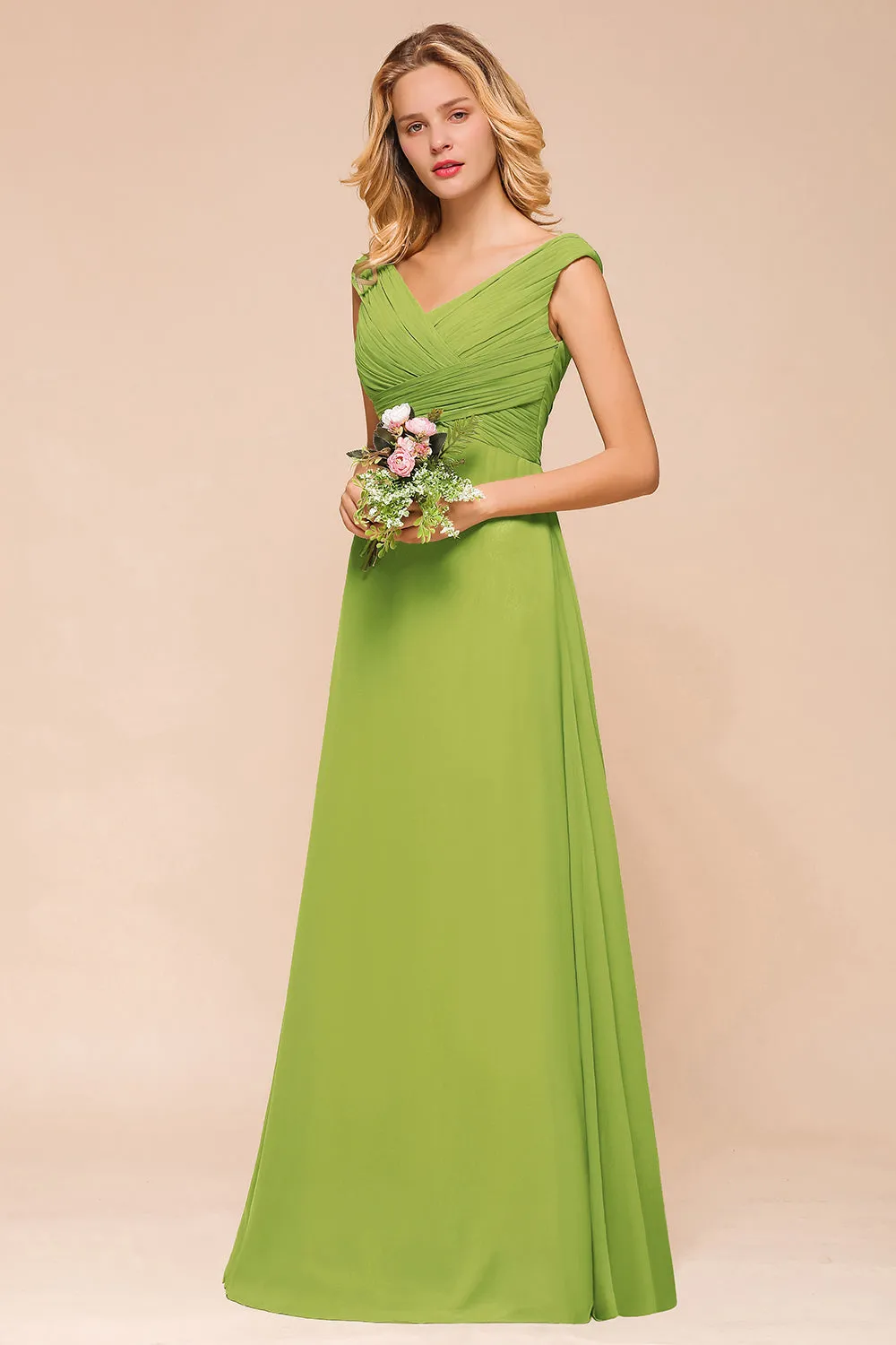 Affordable Green A-line V-neck Chiffon Long Bridesmaid Dress