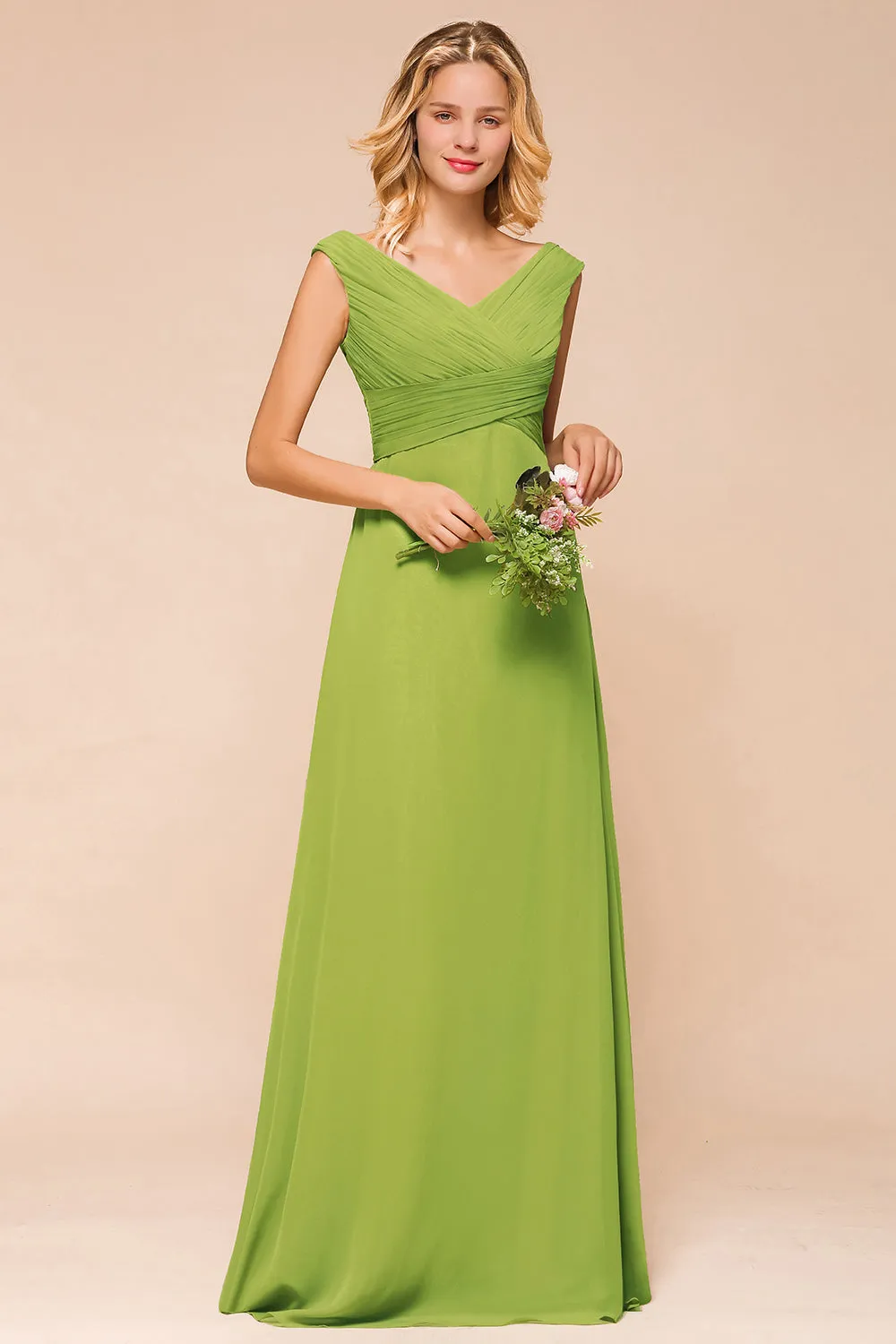 Affordable Green A-line V-neck Chiffon Long Bridesmaid Dress