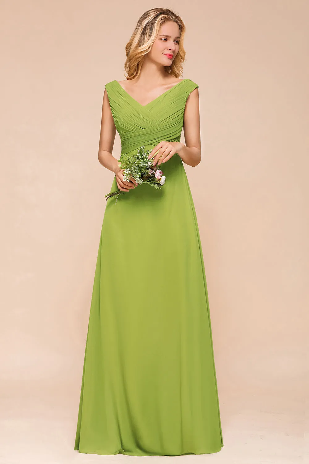 Affordable Green A-line V-neck Chiffon Long Bridesmaid Dress