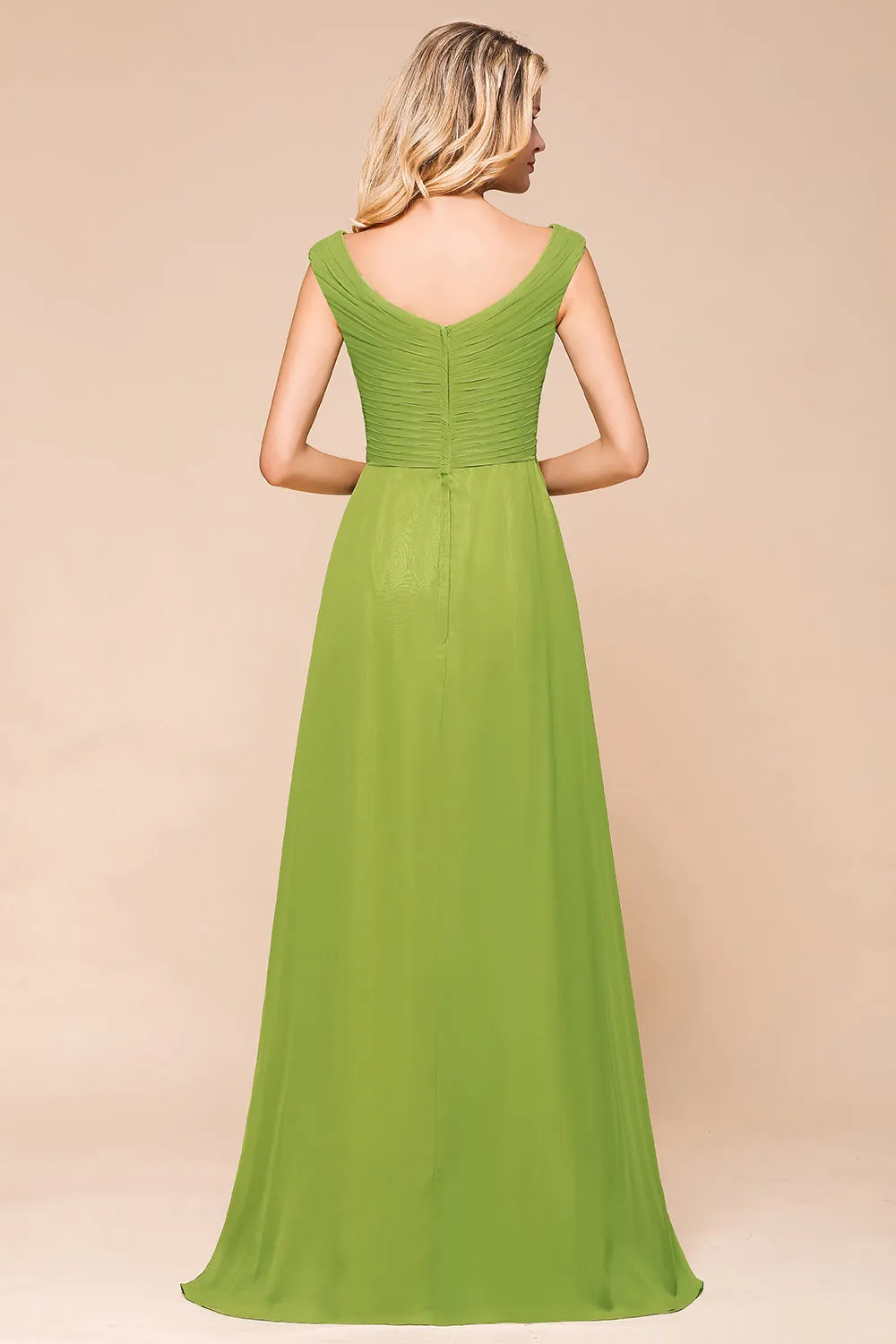 Affordable Green A-line V-neck Chiffon Long Bridesmaid Dress