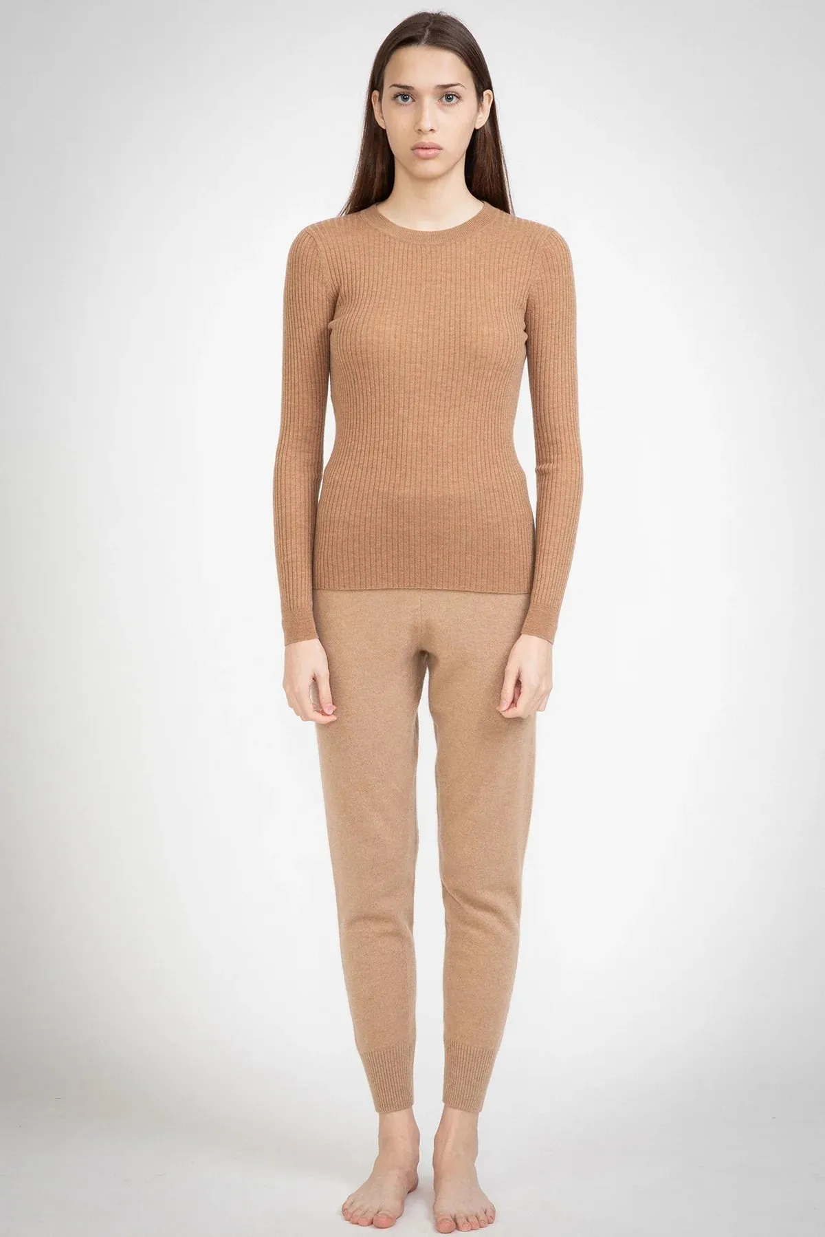 Aleger Cashmere Nutmeg Skinny Rib Crew Neck Sweater