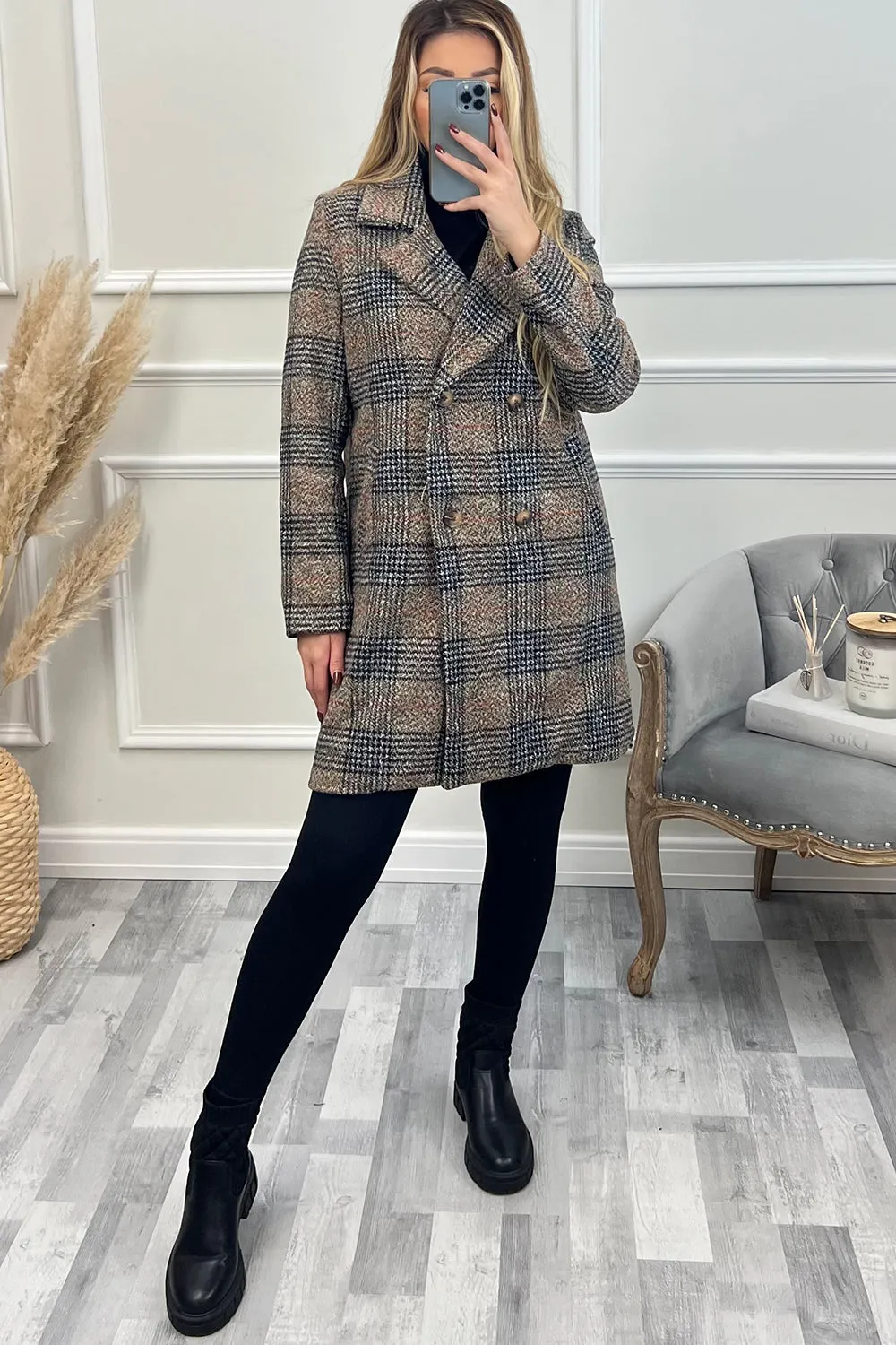 Alicia Brown Check Faux Wool Double Breasted Longline Coat