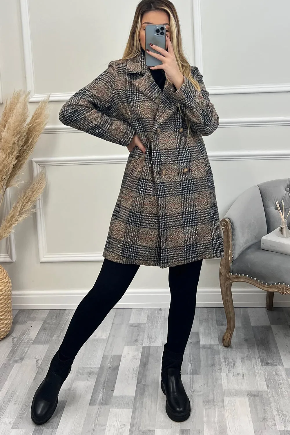 Alicia Brown Check Faux Wool Double Breasted Longline Coat