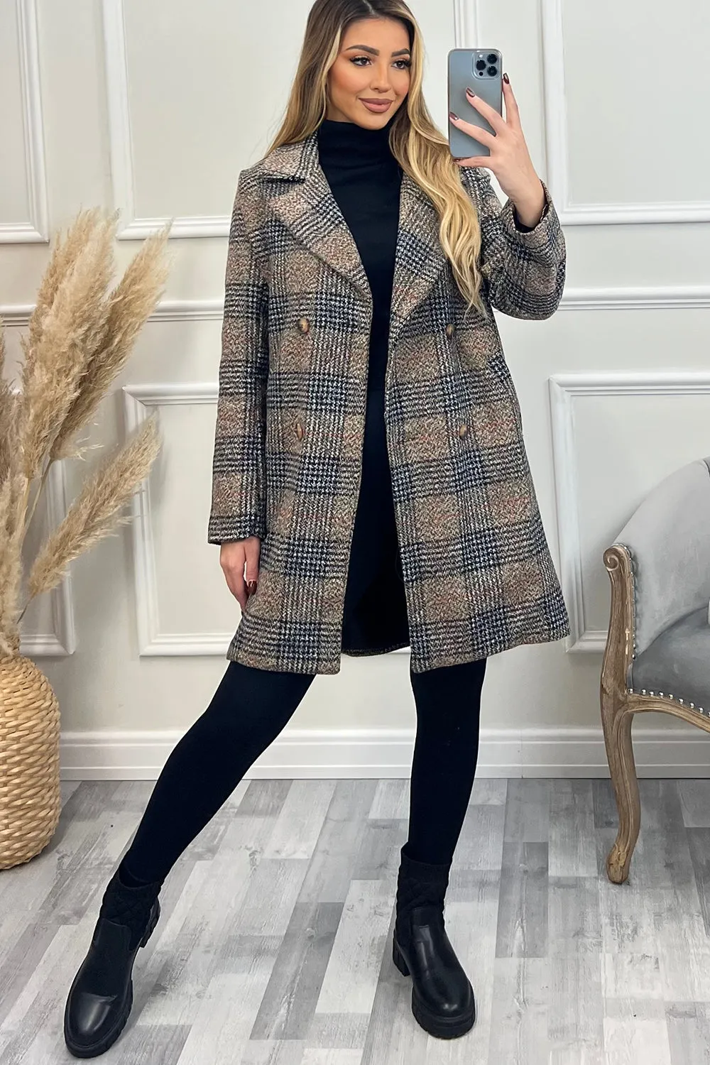 Alicia Brown Check Faux Wool Double Breasted Longline Coat