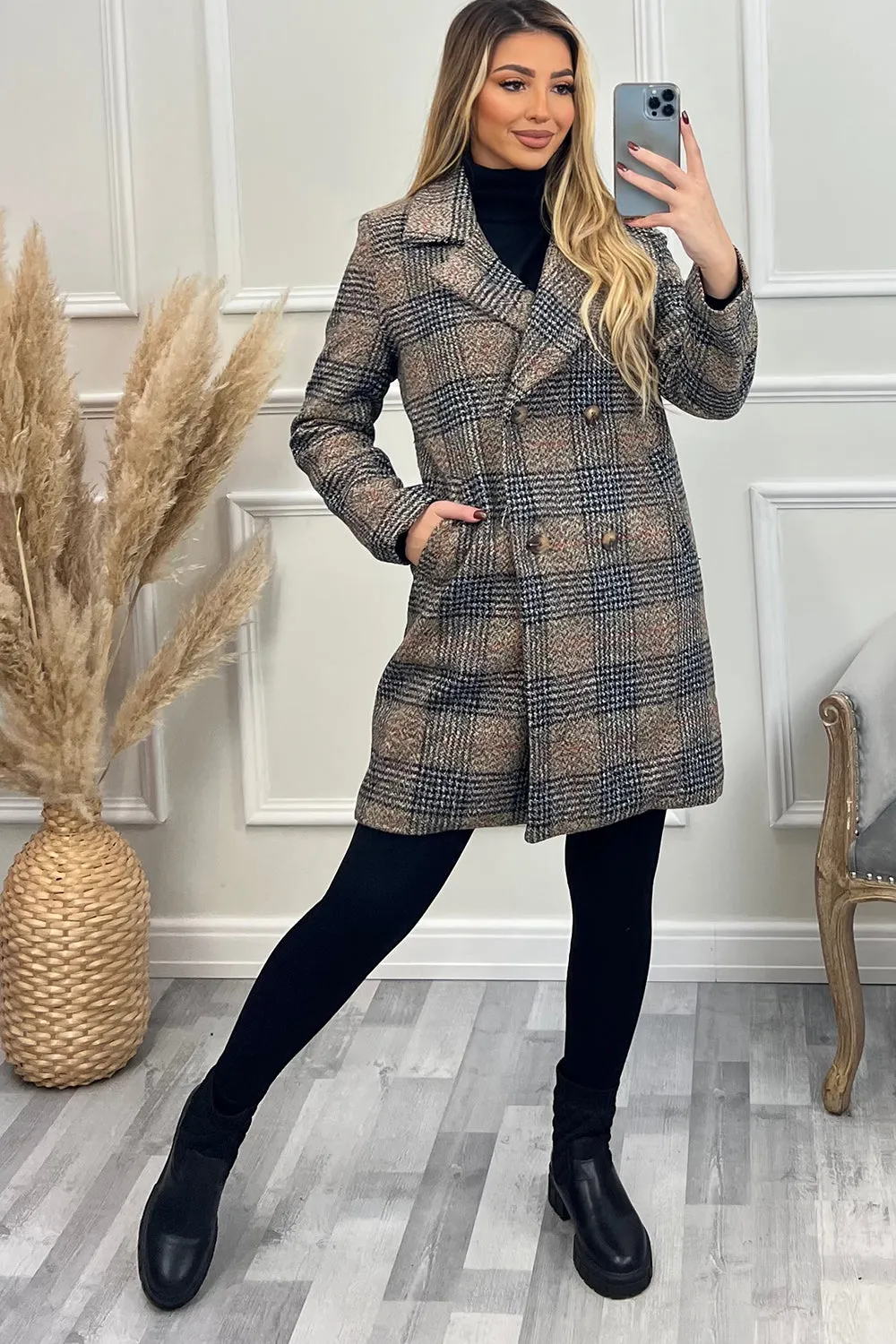 Alicia Brown Check Faux Wool Double Breasted Longline Coat