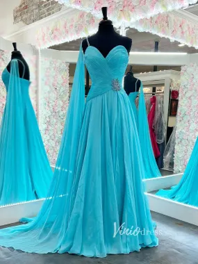 Aqua Blue Watteau Train Chiffon Prom Dresses One Shoulder FD2752