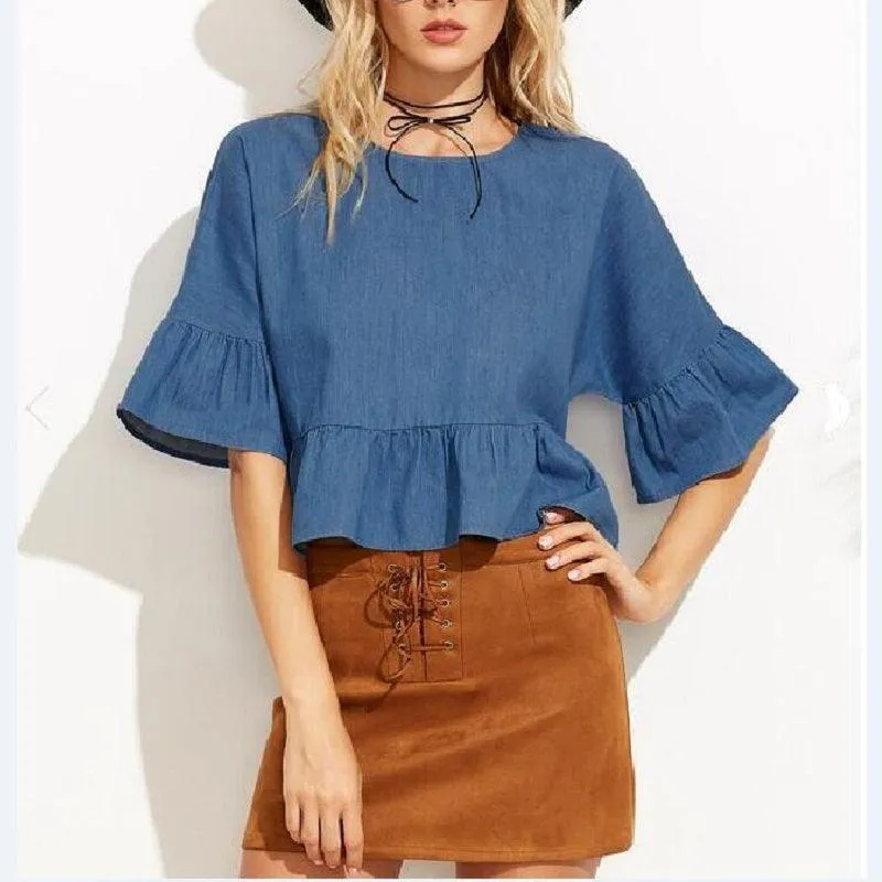 BELLA BUTTERFLY SLEEVE DENIM CROP TOP