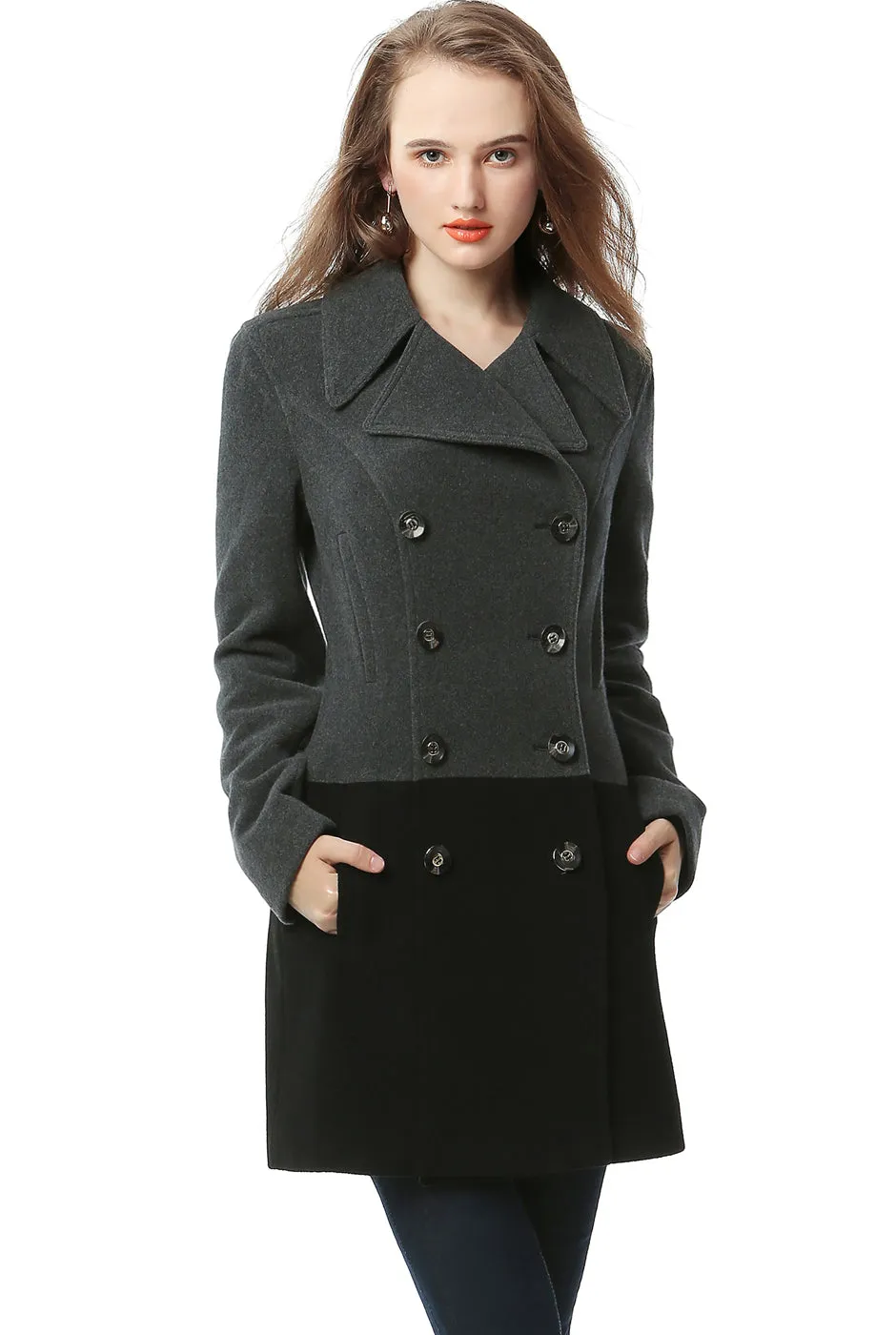 BGSD Women Riley Color Block Wool Pea Coat