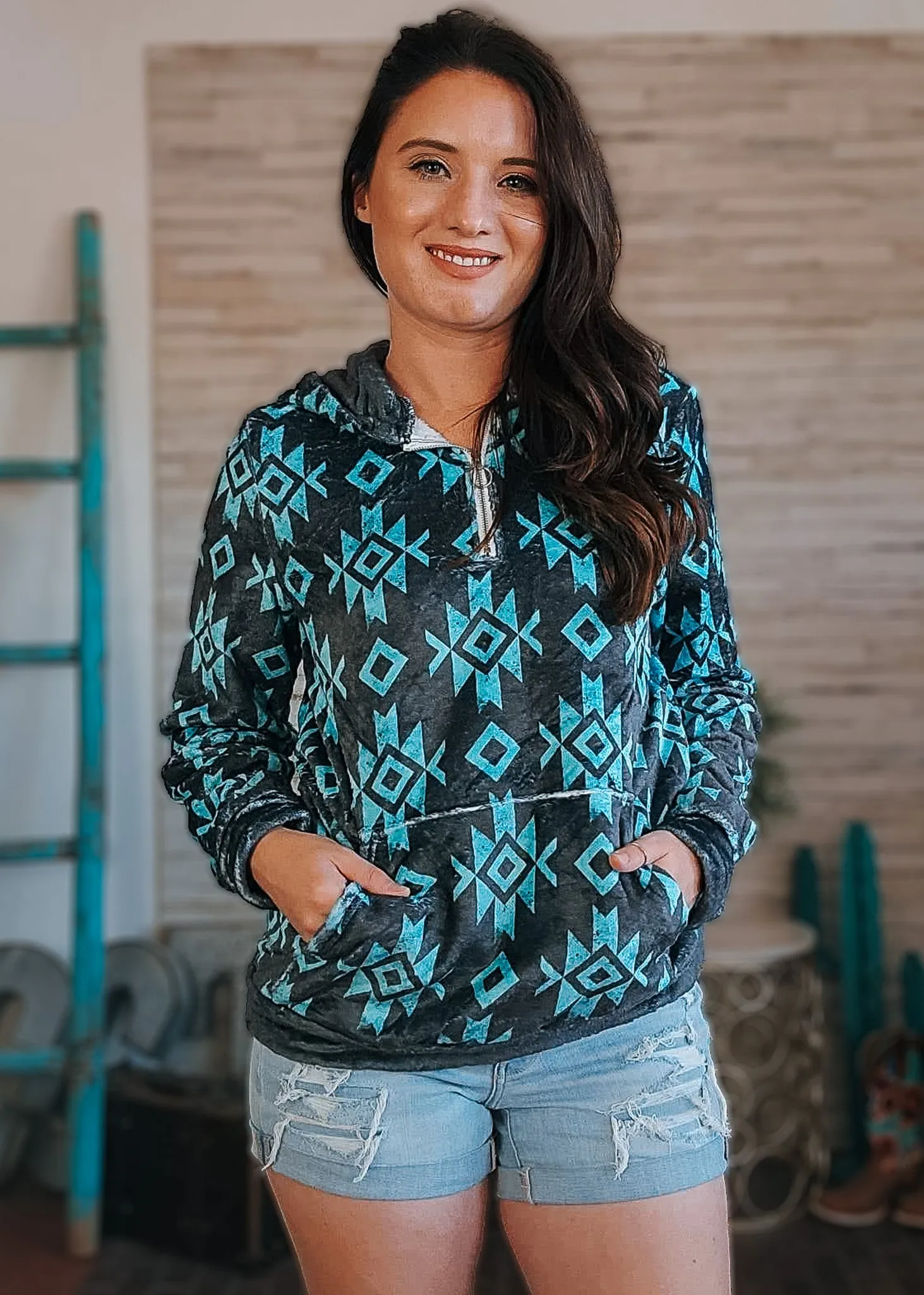 Black & Turquoise Aztec Fleece Zip Hoodie