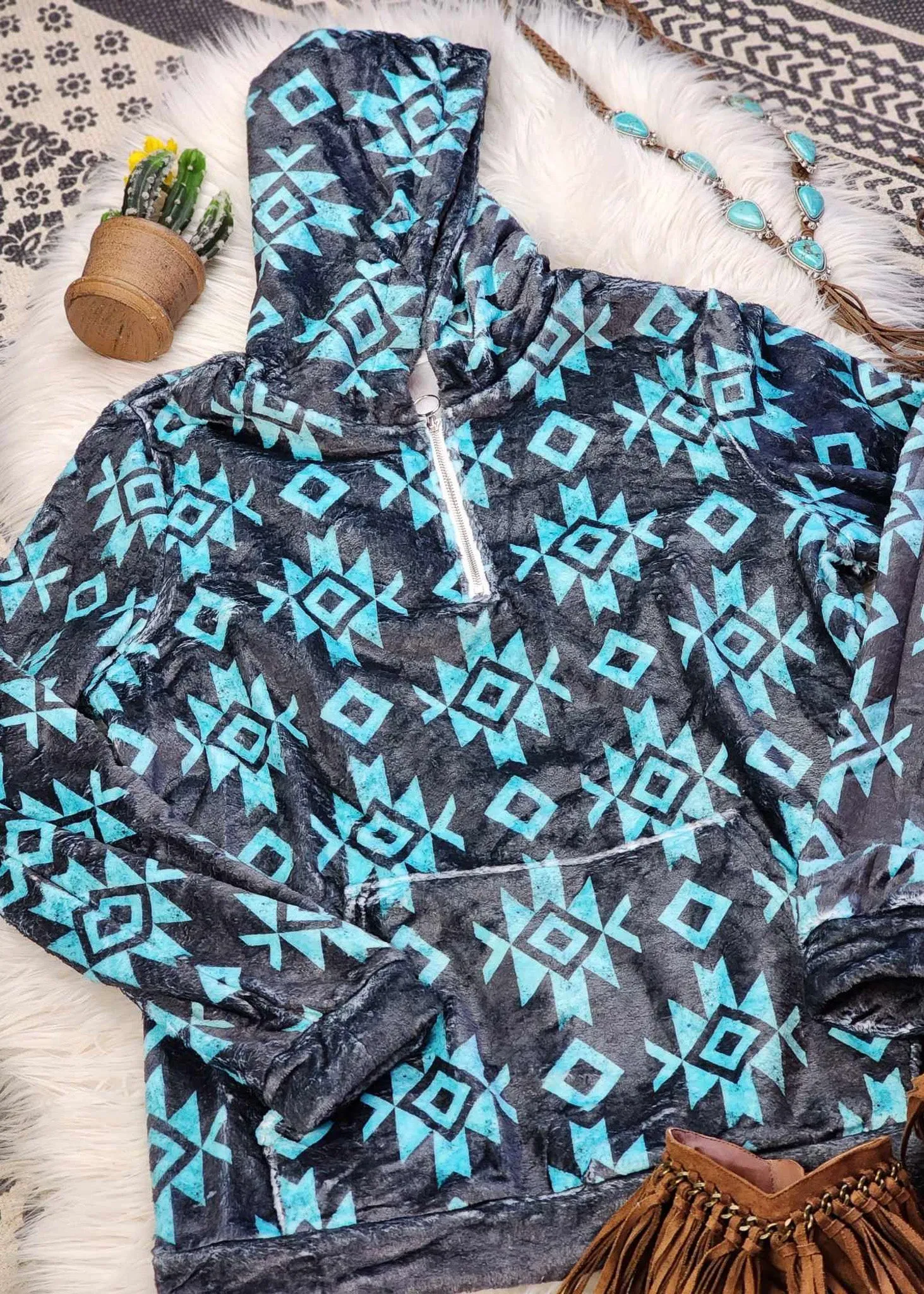 Black & Turquoise Aztec Fleece Zip Hoodie