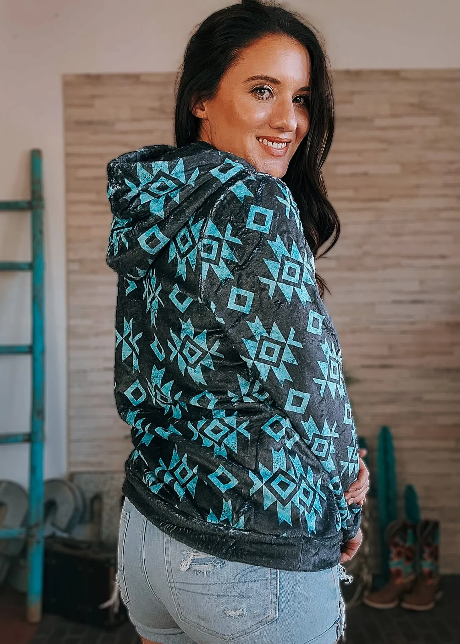 Black & Turquoise Aztec Fleece Zip Hoodie