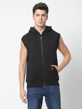 Black Solid Hooded Sleeveless Sweatshirt