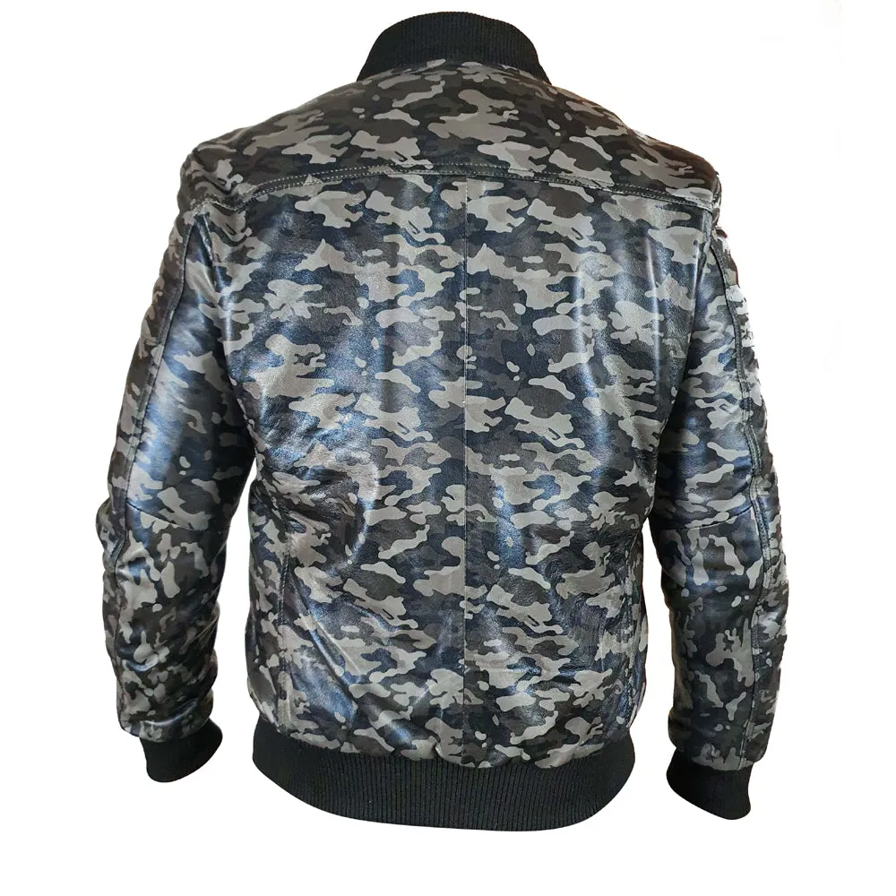 Bomber Grey Camouflage Military print leather jacket