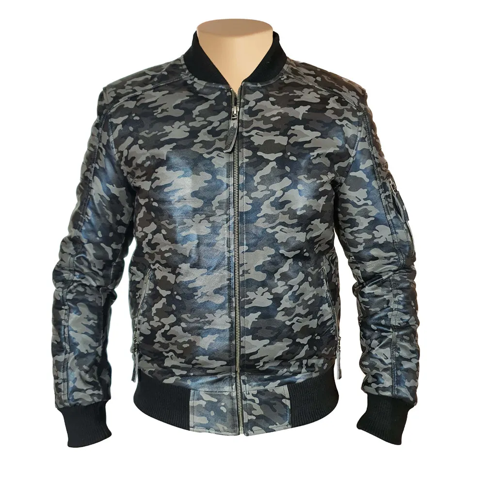 Bomber Grey Camouflage Military print leather jacket