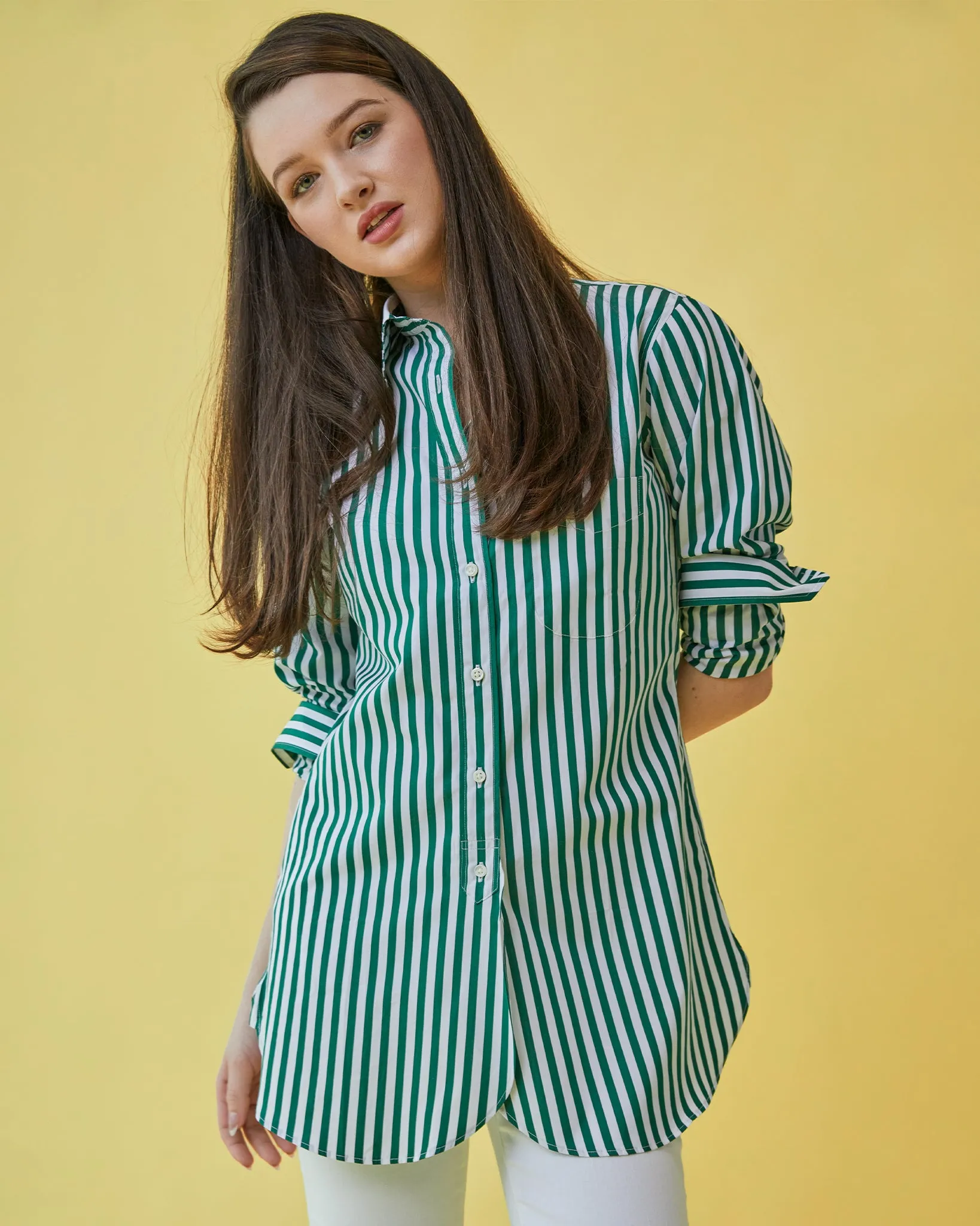 Boyfriend Shirt in Green Awning Stripe Poplin