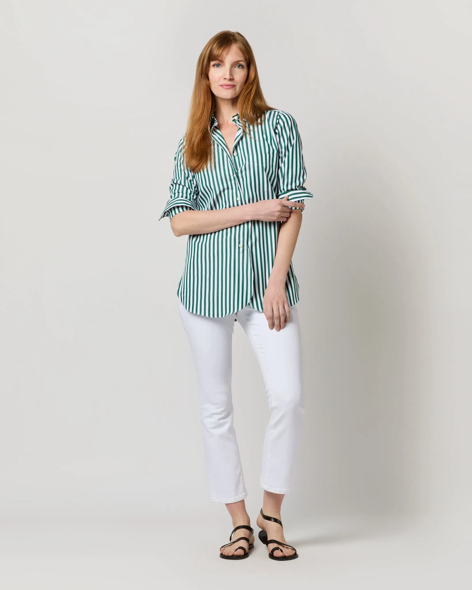 Boyfriend Shirt in Green Awning Stripe Poplin