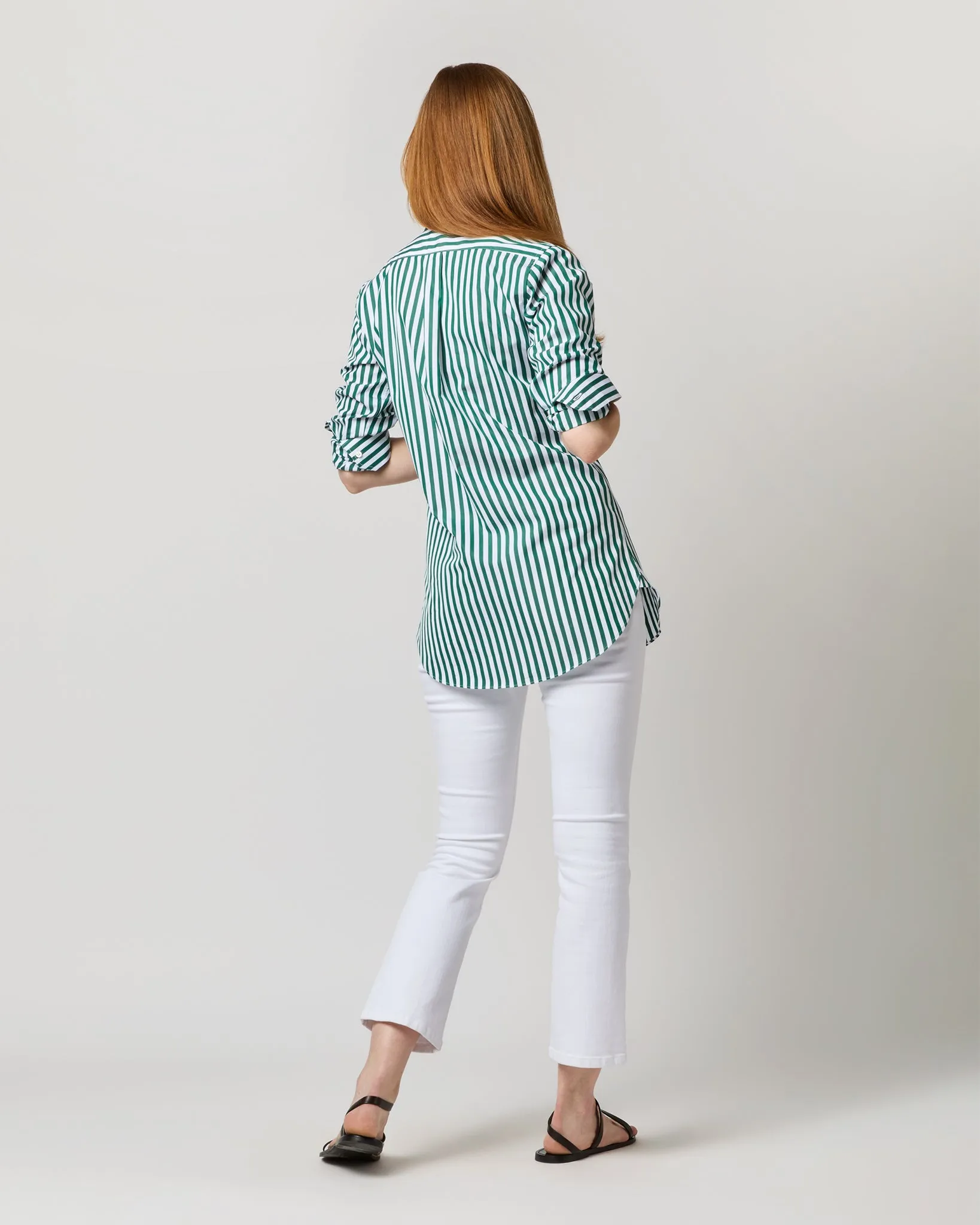 Boyfriend Shirt in Green Awning Stripe Poplin