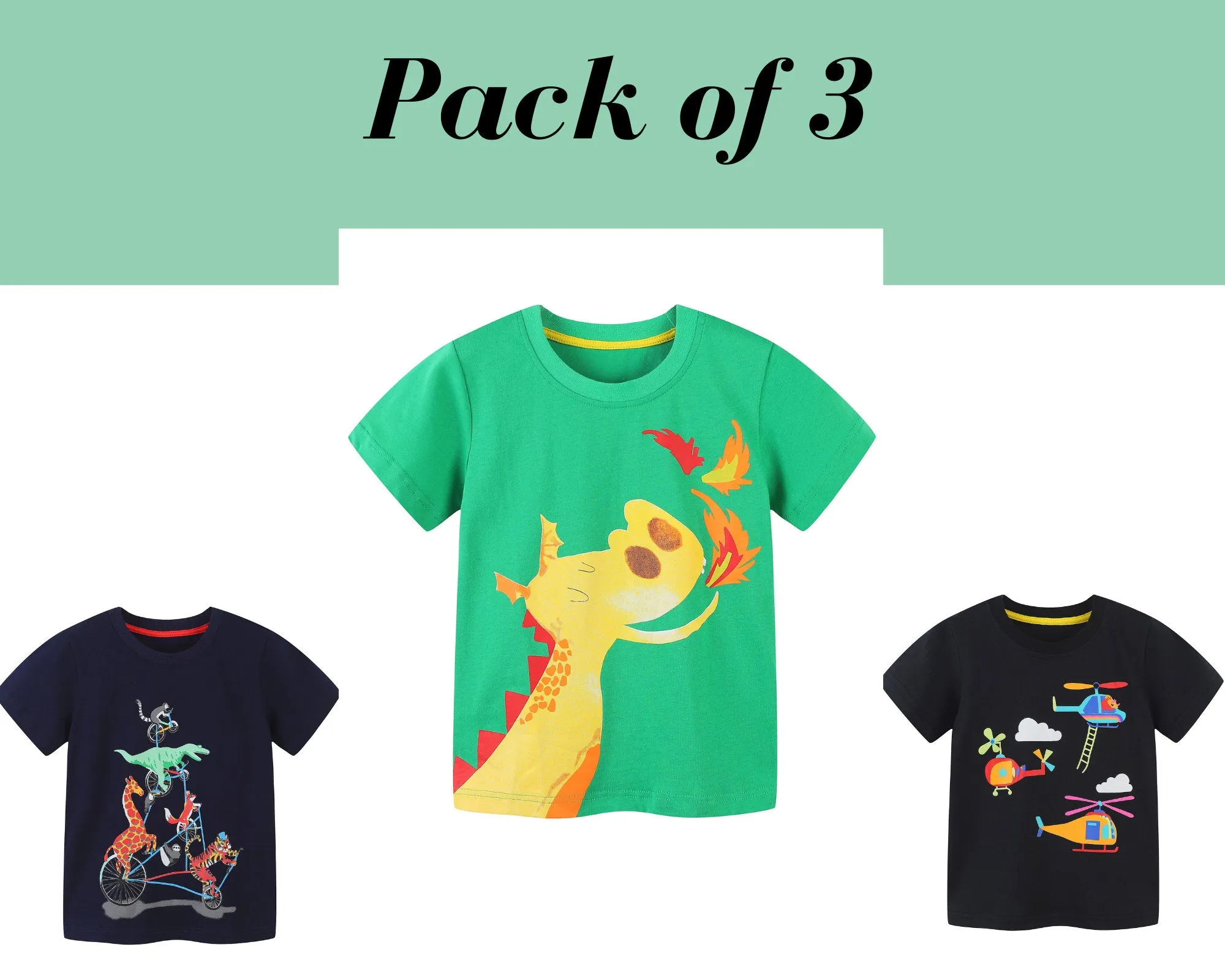 Boys Cotton T-Shirts Summer Tees & Tops for Baby Boys | Dragon, Dino Circus Toddler Boys Tees Clothing Gift for Boys Outfit Pack of 3 Tops