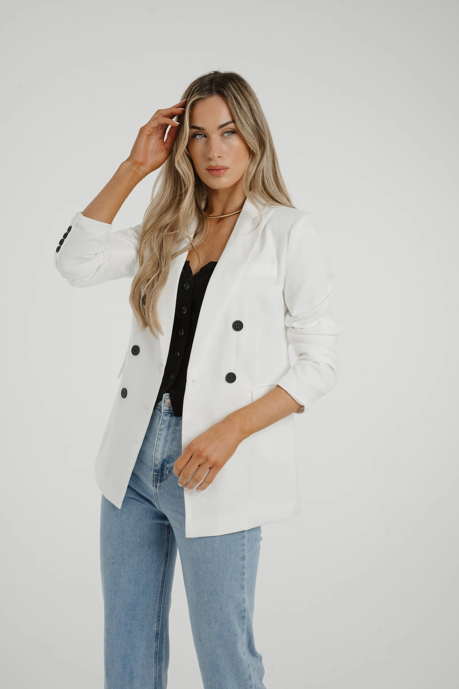 Caitlyn Black Button Blazer In White