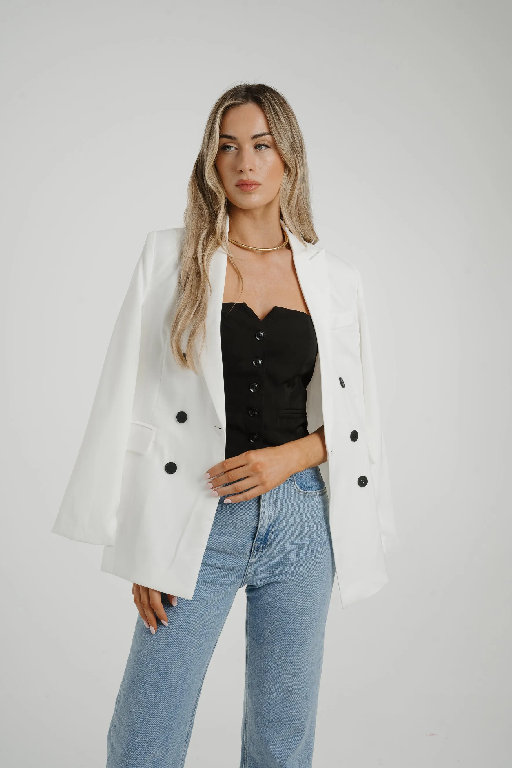 Caitlyn Black Button Blazer In White