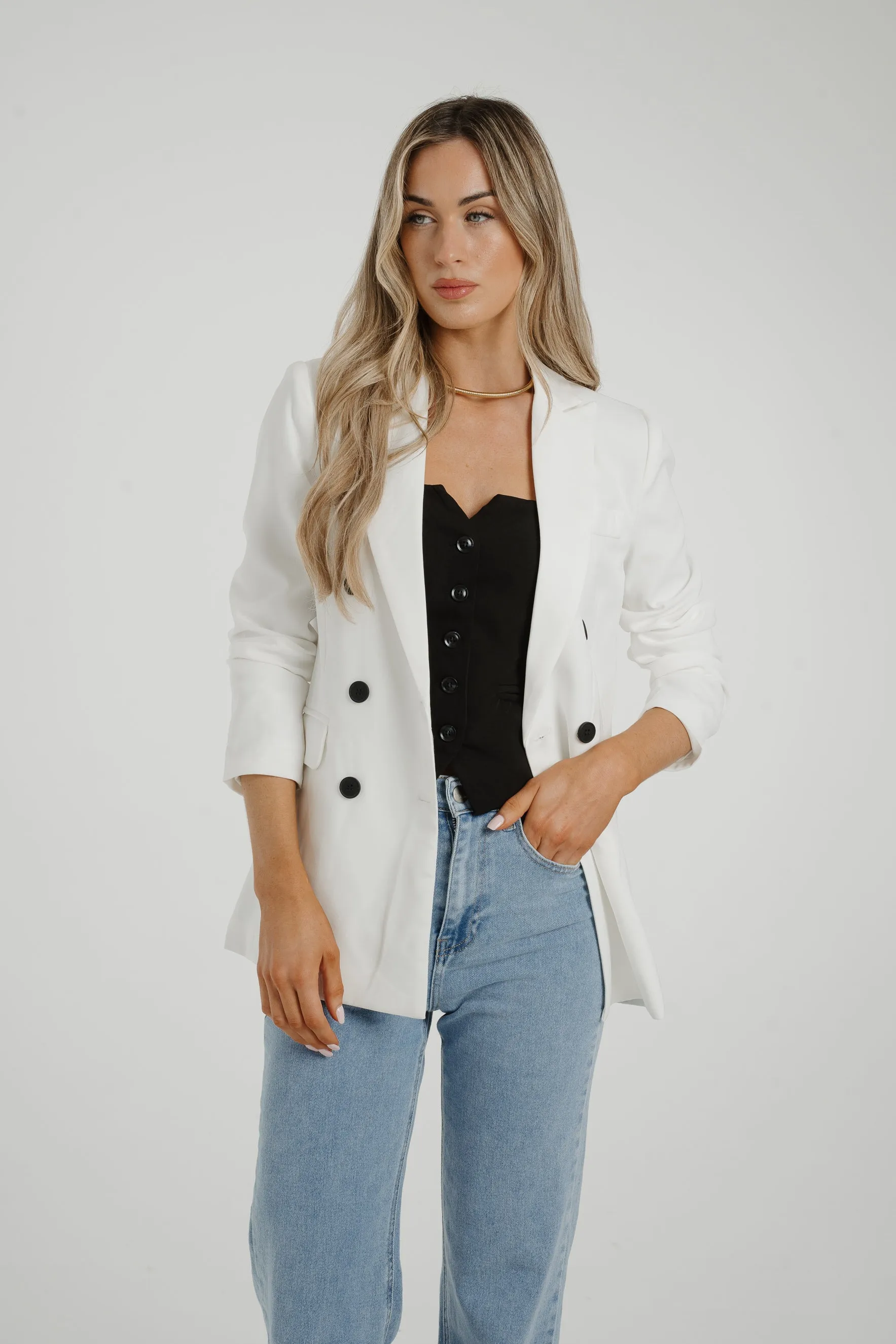 Caitlyn Black Button Blazer In White