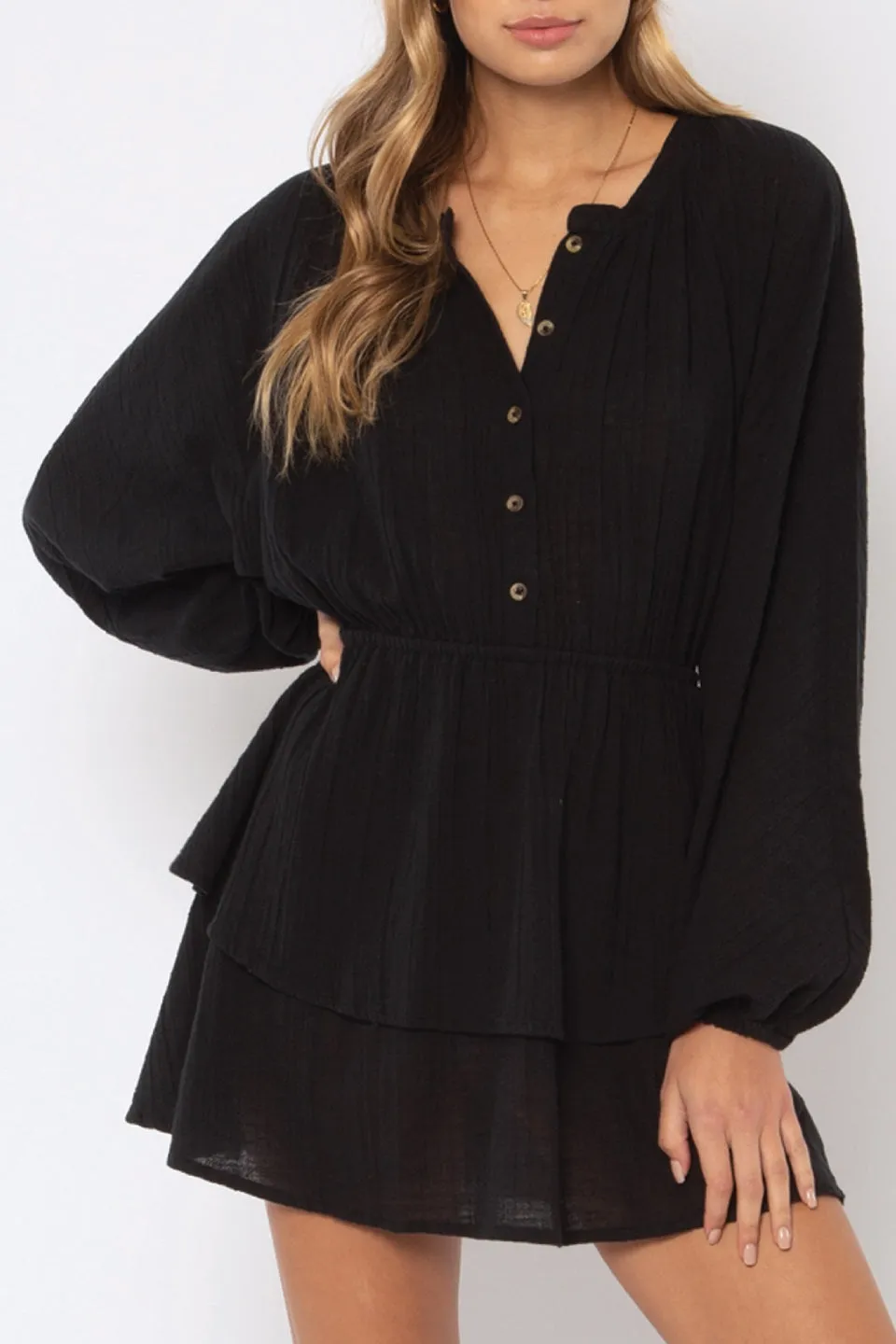 Candela Black LS Button Front Tiered Gauze Mini Dress