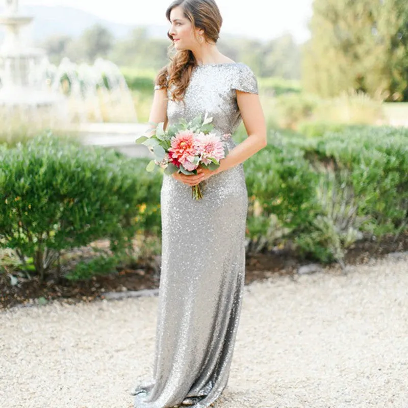 Cap Sleeves Draped Back Sequins Bridesmaid Dresses