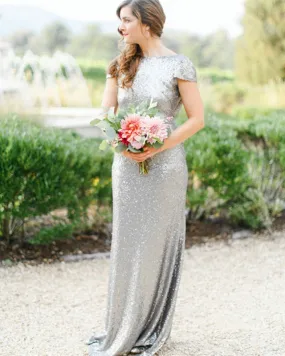 Cap Sleeves Draped Back Sequins Bridesmaid Dresses