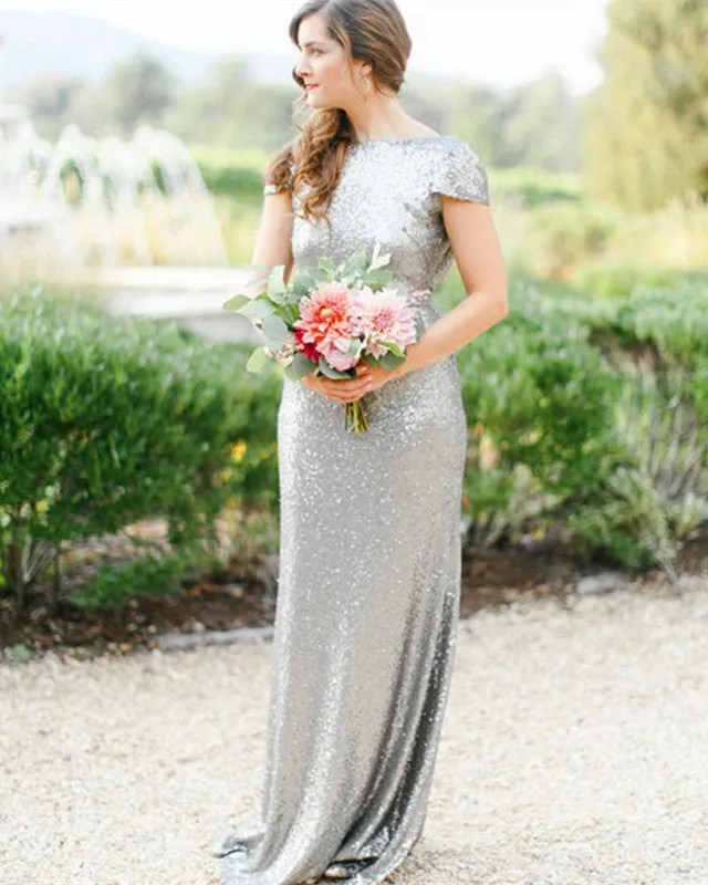 Cap Sleeves Draped Back Sequins Bridesmaid Dresses