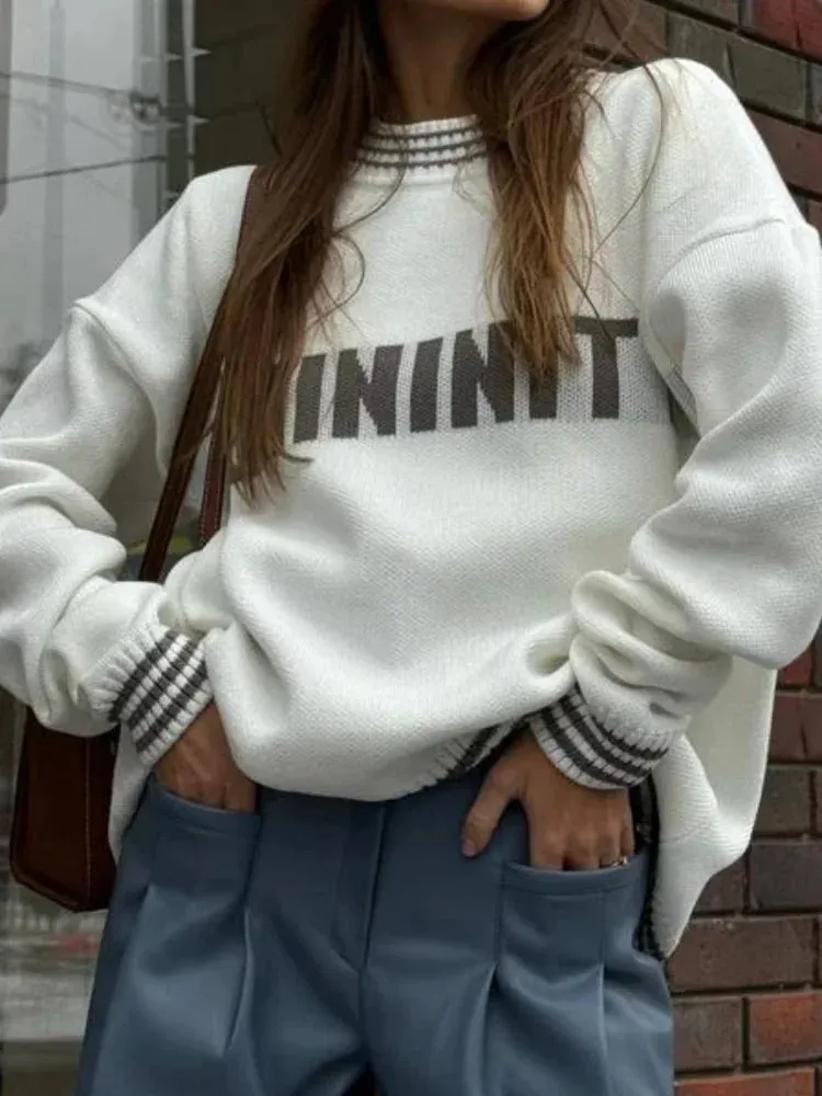 Contrast Letter Print Loose Knitted Women Casual O Neck Long Sleeve Sweater