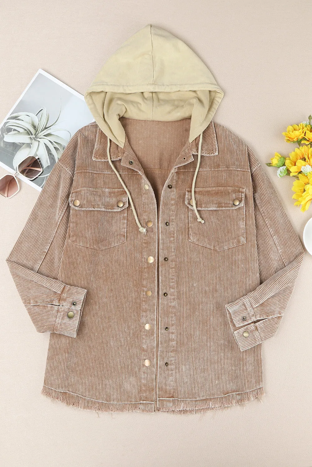 Corduroy Shacket Jacket Button Down Hooded Coat with Pockets